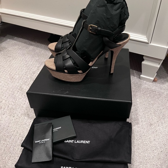 Saint Laurent Tribute 105MM Woven Leather Platform Sandals - Picture 2 of 7